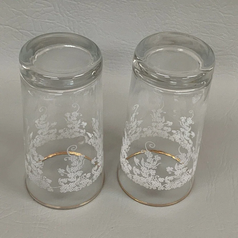 Highball Clear Glasses White‎ Flowers Floral Gold Trim Lot of 2